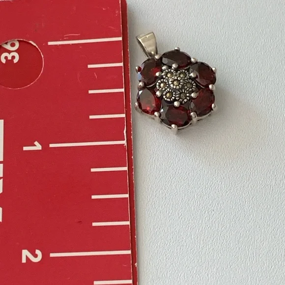 Striking Sterling Silver Marcasite and Red Garnet Gemstone Pendant Necklace - Picture 7 of 8
